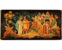 Лаковая миниатюра "Встреча князя Гвидона и прекрасной царевны лебеди"
