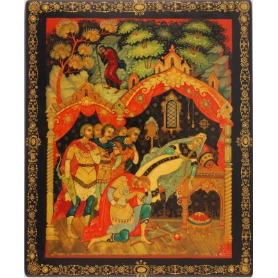 Лаковая миниатюра "Сказка о мертвой царевне и о семи богатырях"