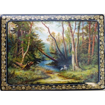 Лаковая миниатюра "Лесной пейзаж с цаплями"